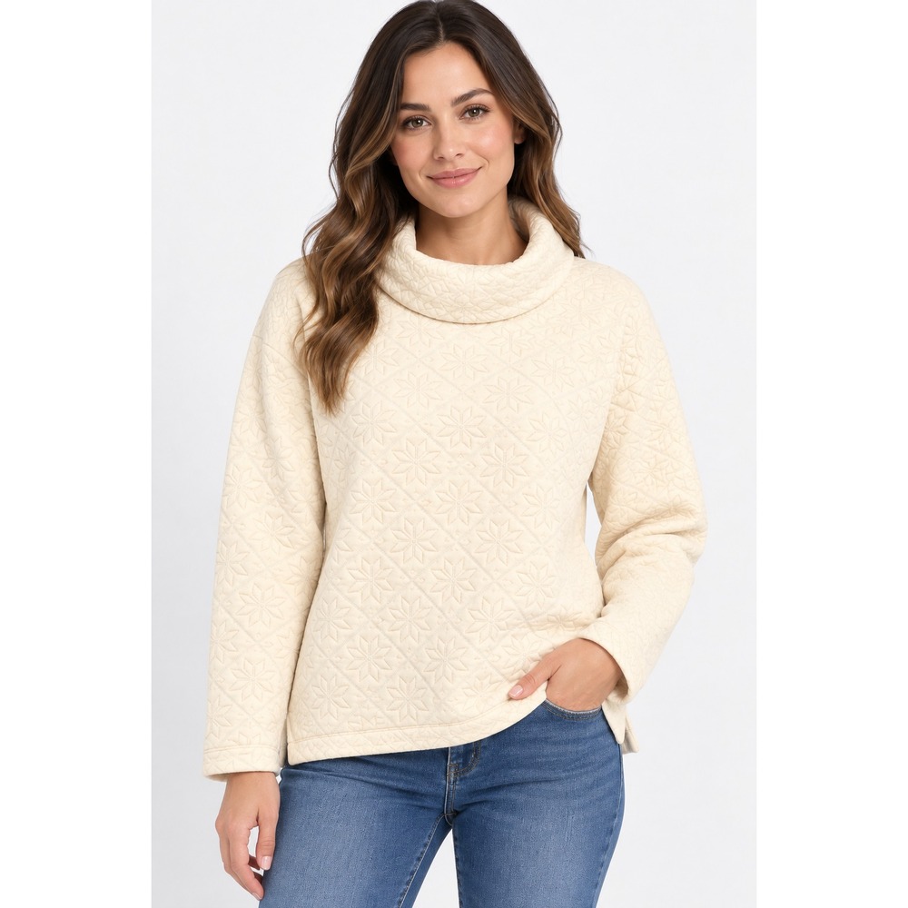T By Talbots Sweater Womens M White Quilted Cowl Neck Snowflake Knit Pullover